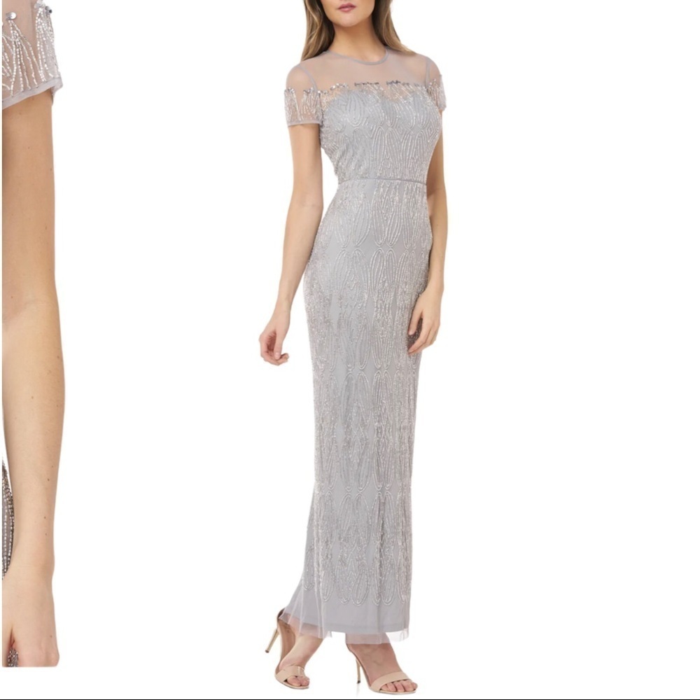 JS Collections Illusion Yoke Beaded Column Gown Dress Silver / Grey plus Formal